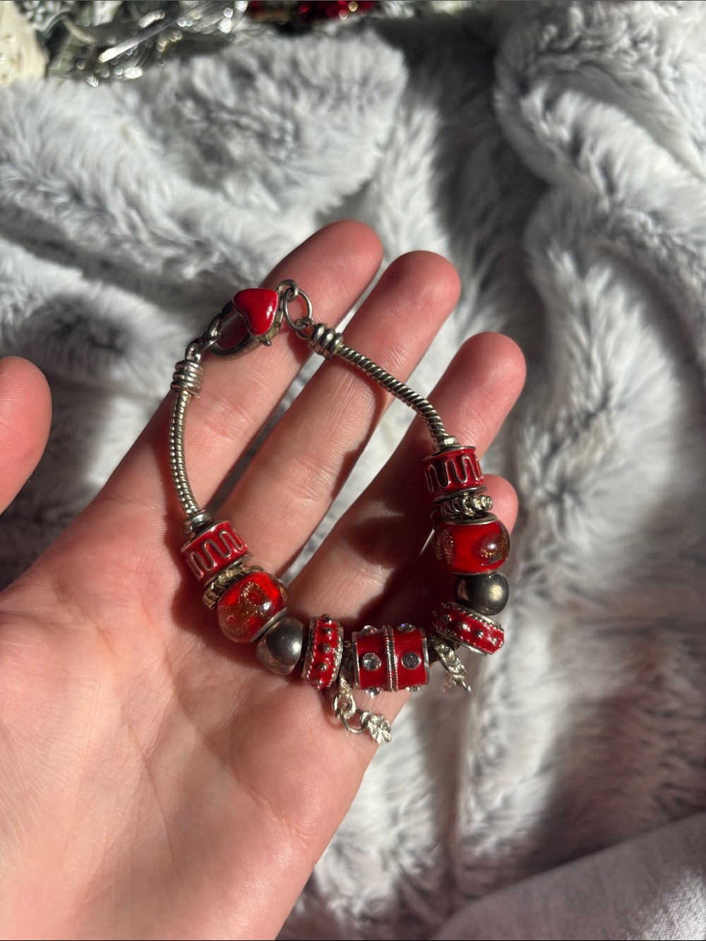 Pandora Red Charm Bracelet with Silver Accents